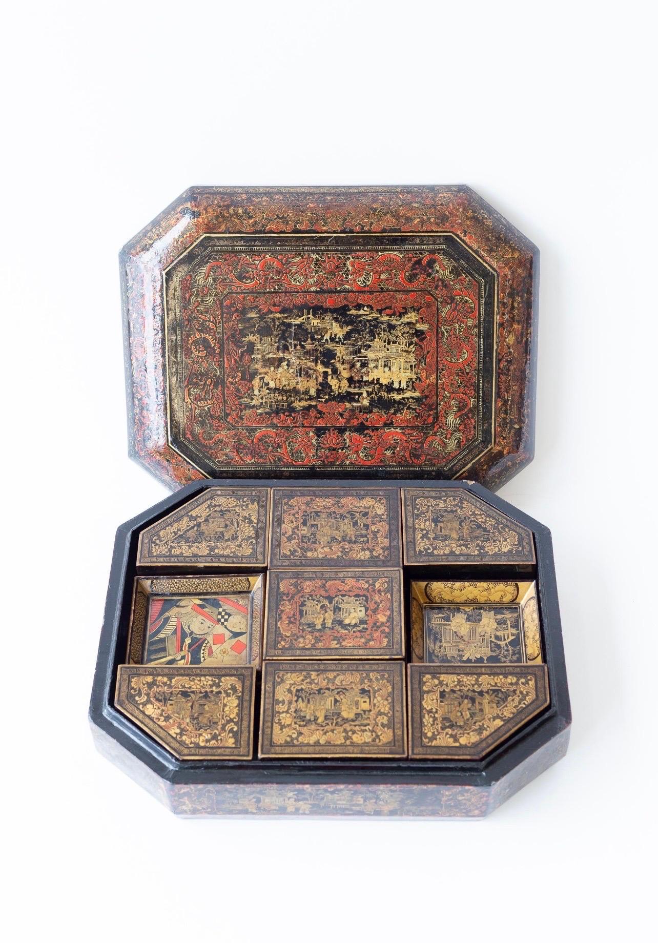 Ancienne boîte à jeux en laque d'exportation chinoise en vente 2