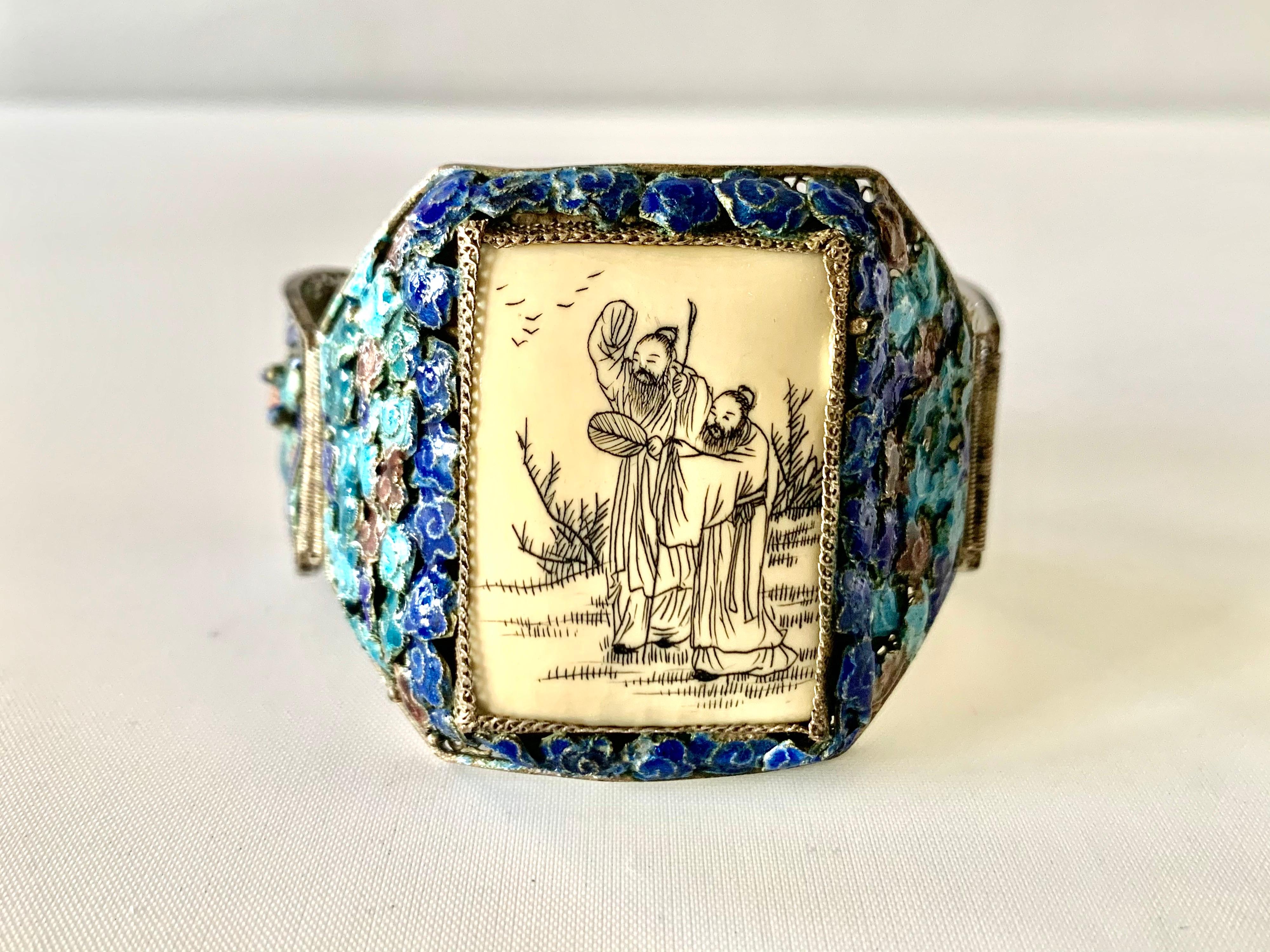 Art Deco Antique Chinese Export Organic Dragon Blue Enamel Bracelet 