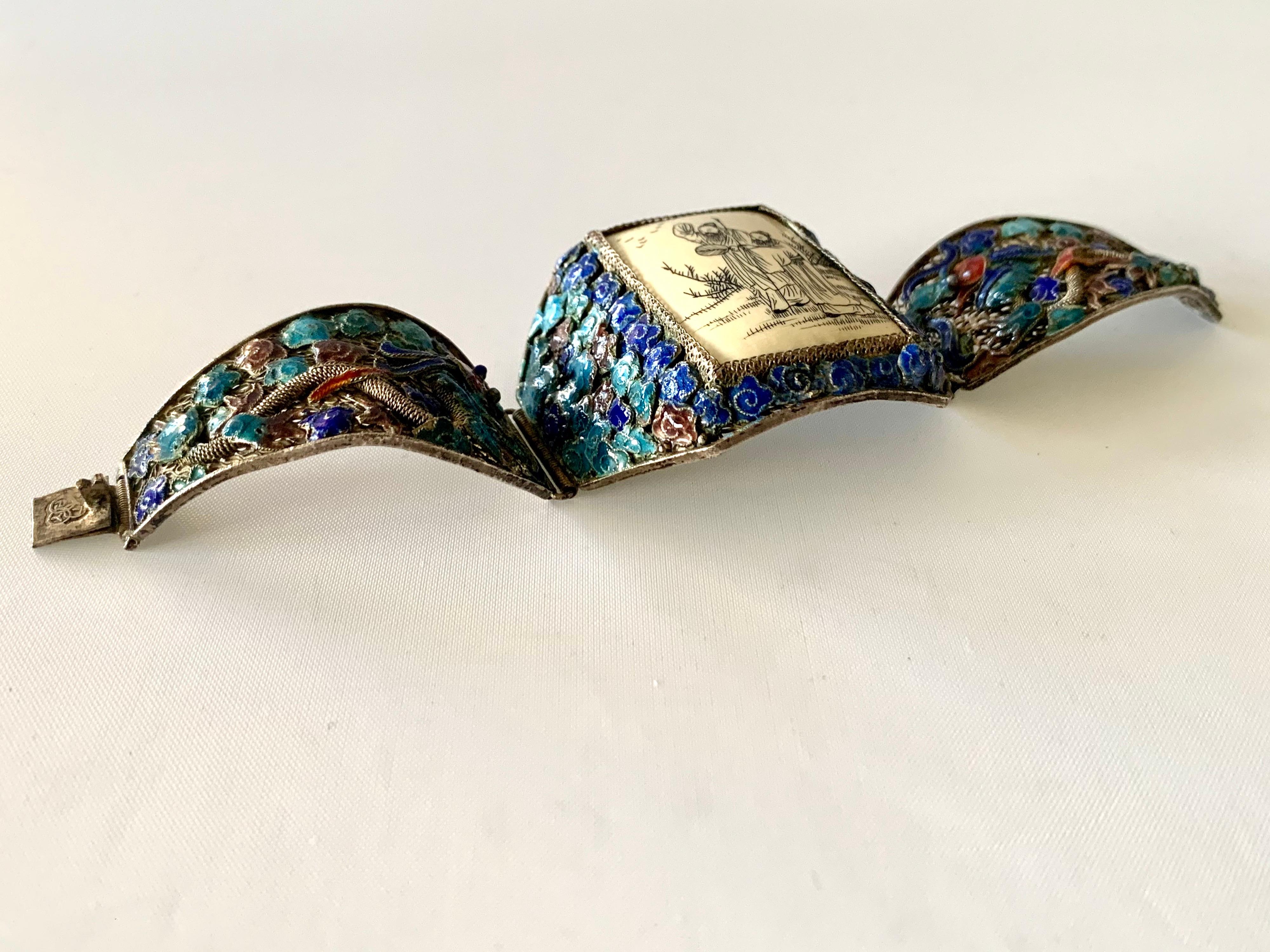 Antique Chinese Export Organic Dragon Blue Enamel Bracelet  In Excellent Condition In Palm Springs, CA