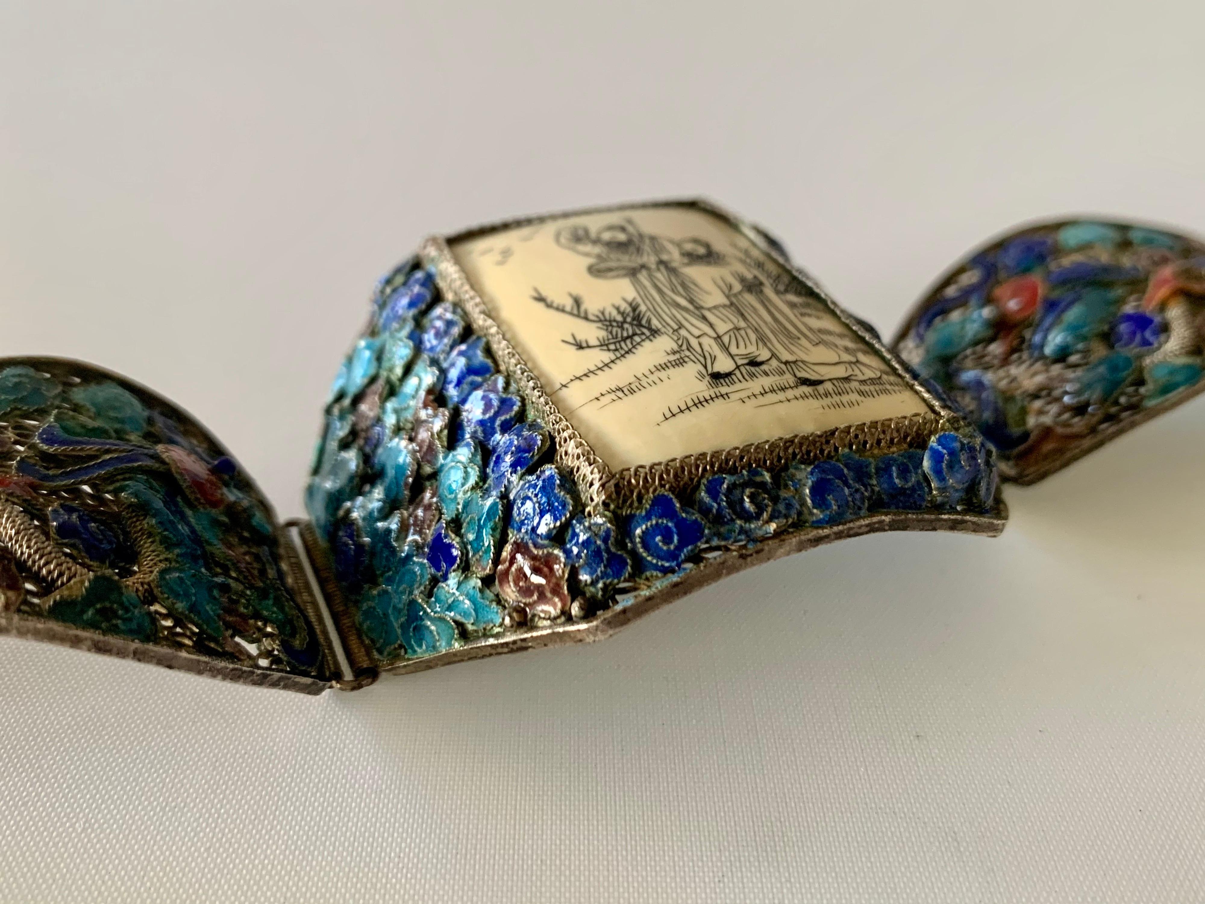 Women's or Men's Antique Chinese Export Organic Dragon Blue Enamel Bracelet 