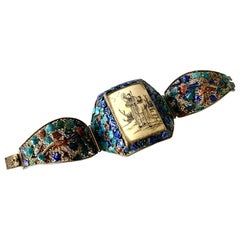 Antique Chinese Export Organic Dragon Blue Enamel Bracelet 