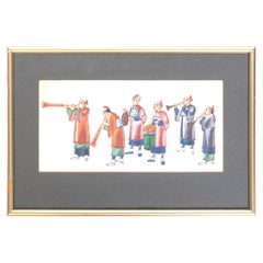 Antique Chinese Export Pith Paper Painting of Processional Musicians, C.1840