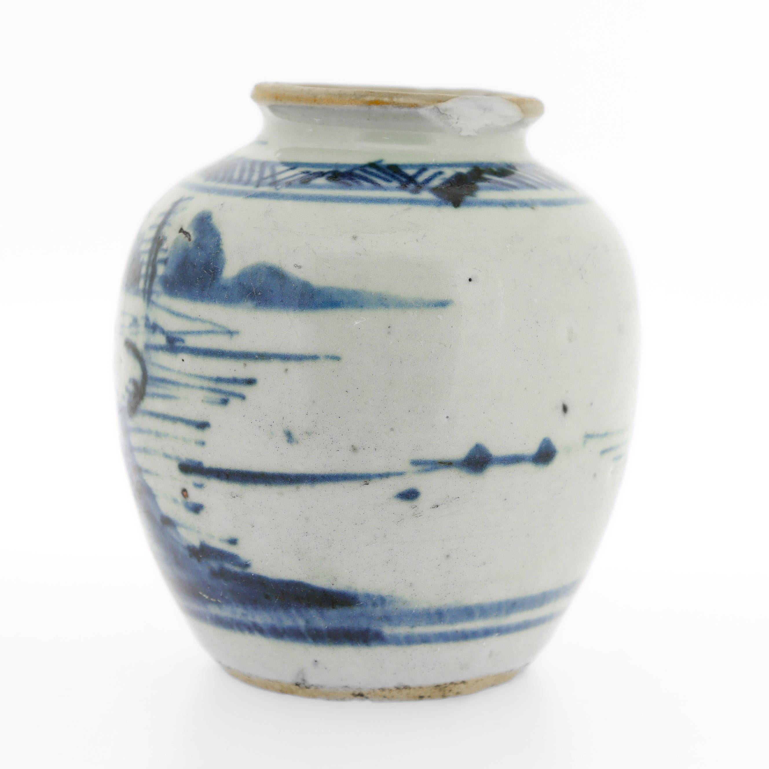 19th Century Antique Chinese Export Porcelain Blue & White Miniature Cabinet Sized Ginger Jar For Sale