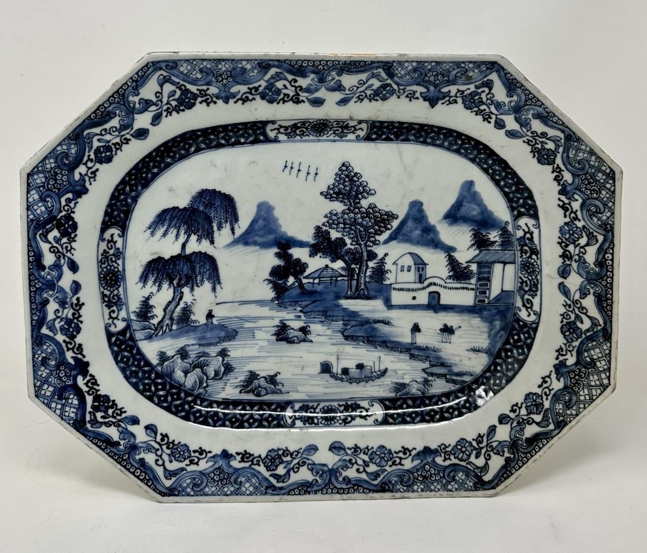 An Exceptionally Fine Quality Hand Decorated in underglaze blue and white ground Chinese Export Large Deep Dish of Centerpiece of Octagonal outline with canted corners, of exceptional quality and good condition, last quarter of the Eighteenth