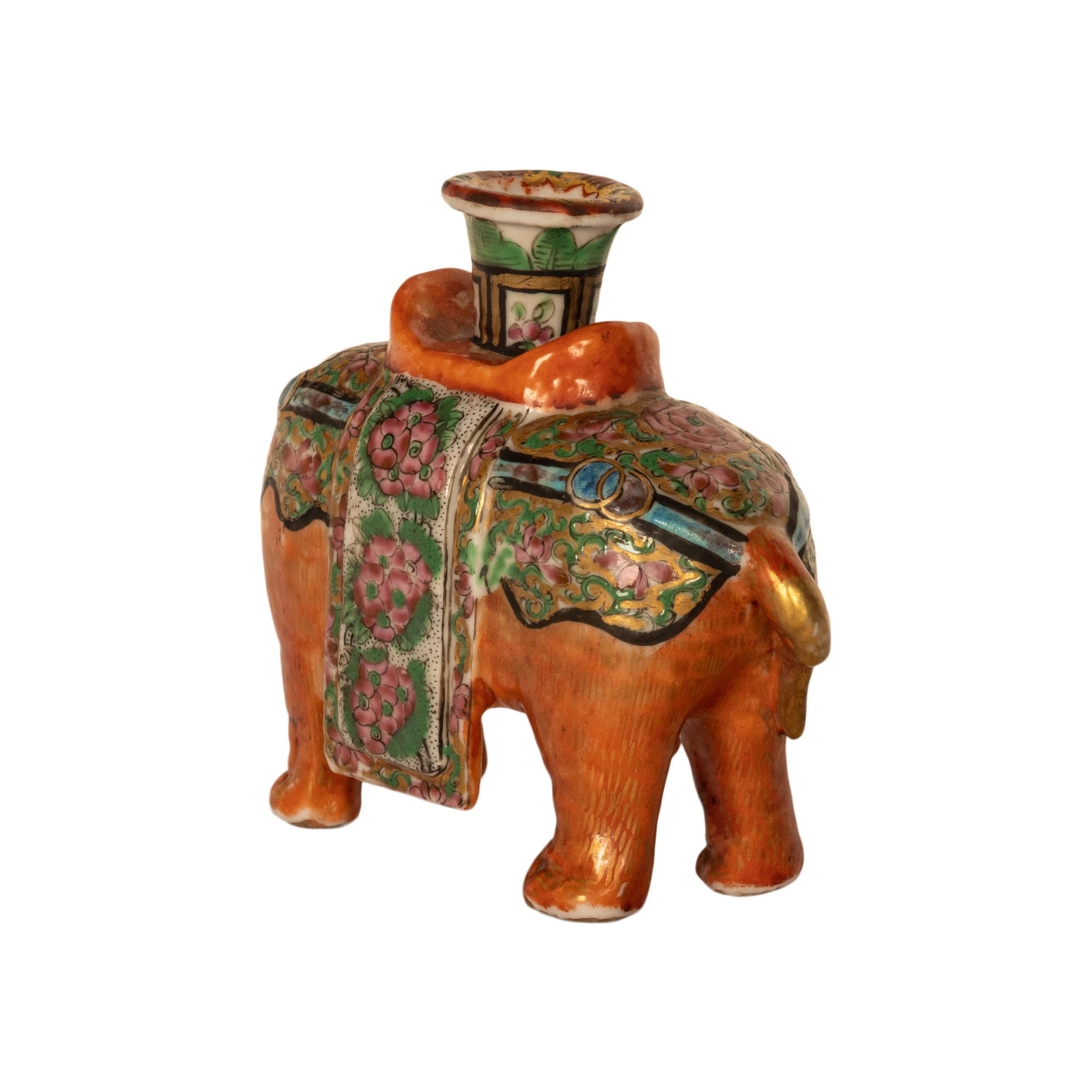 Hand-Painted Antique Chinese Export Porcelain Canton Famille Rose Elephant Candlestick 1860 For Sale