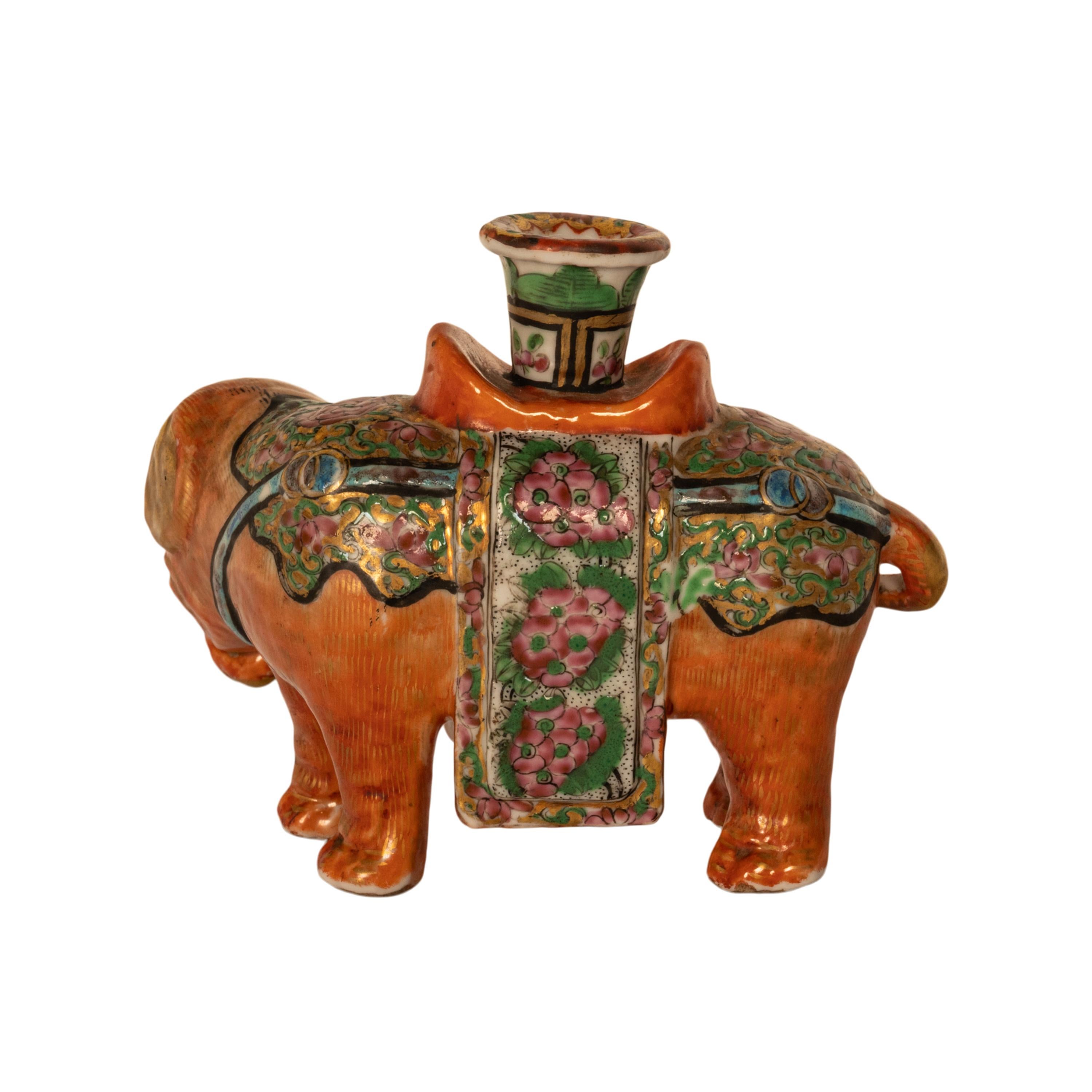 Antique Chinese Export Porcelain Canton Famille Rose Elephant Candlestick 1860 In Good Condition For Sale In Portland, OR