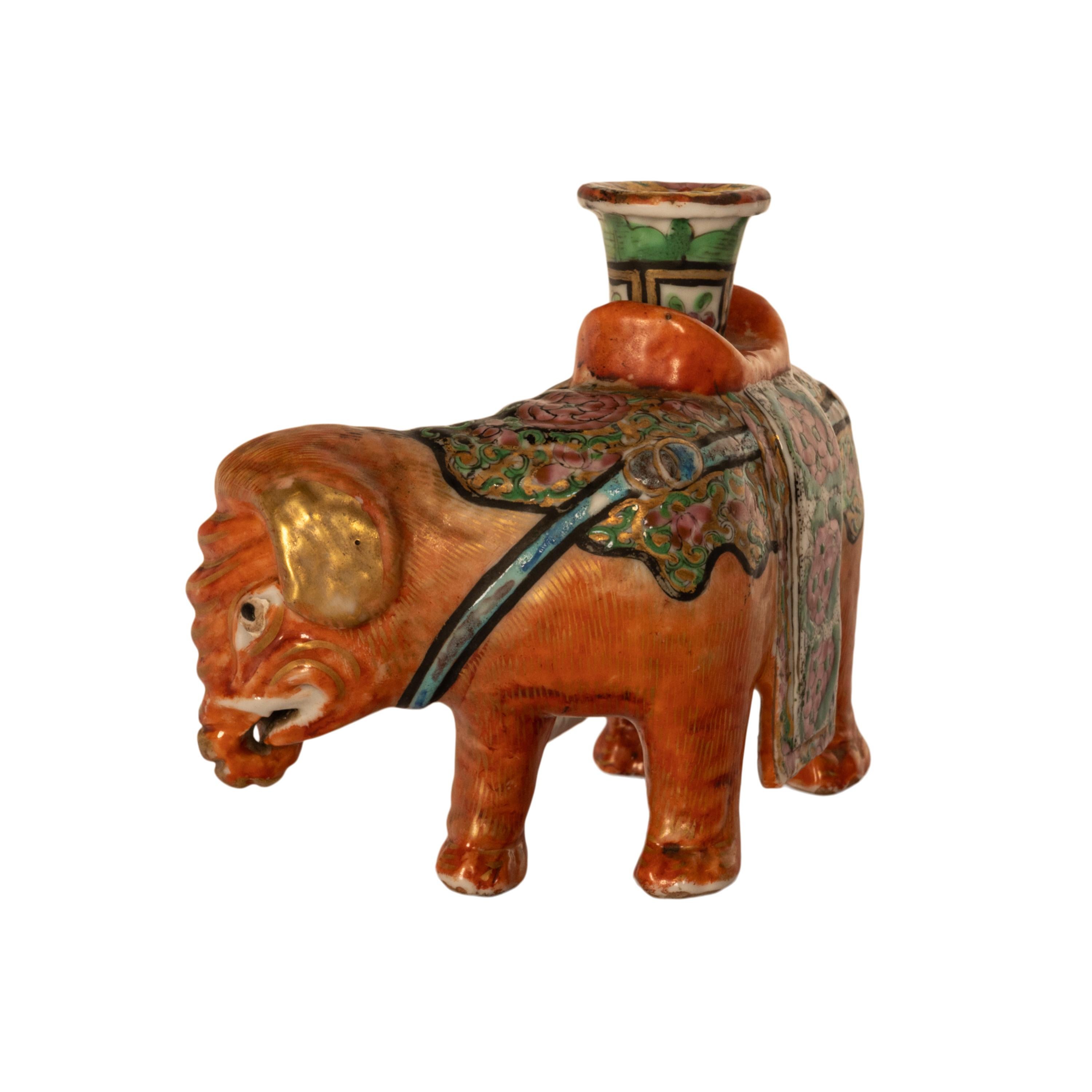 Mid-19th Century Antique Chinese Export Porcelain Canton Famille Rose Elephant Candlestick 1860 For Sale