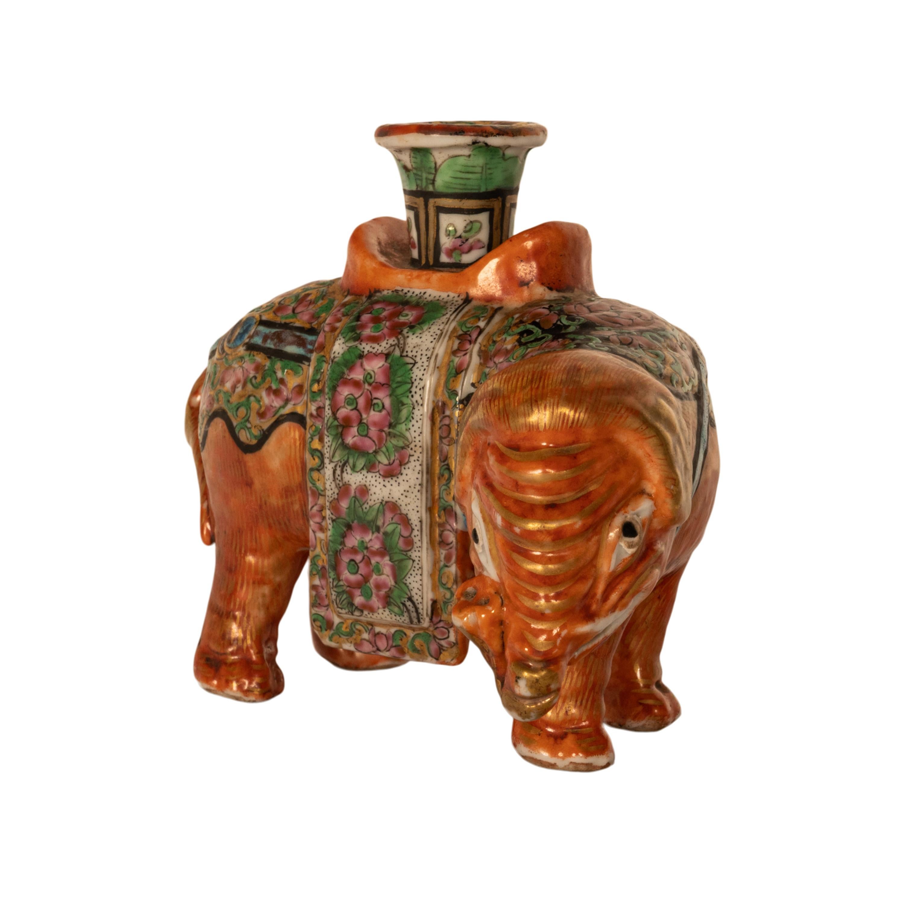 Antique Chinese Export Porcelain Canton Famille Rose Elephant Candlestick 1860 For Sale 1