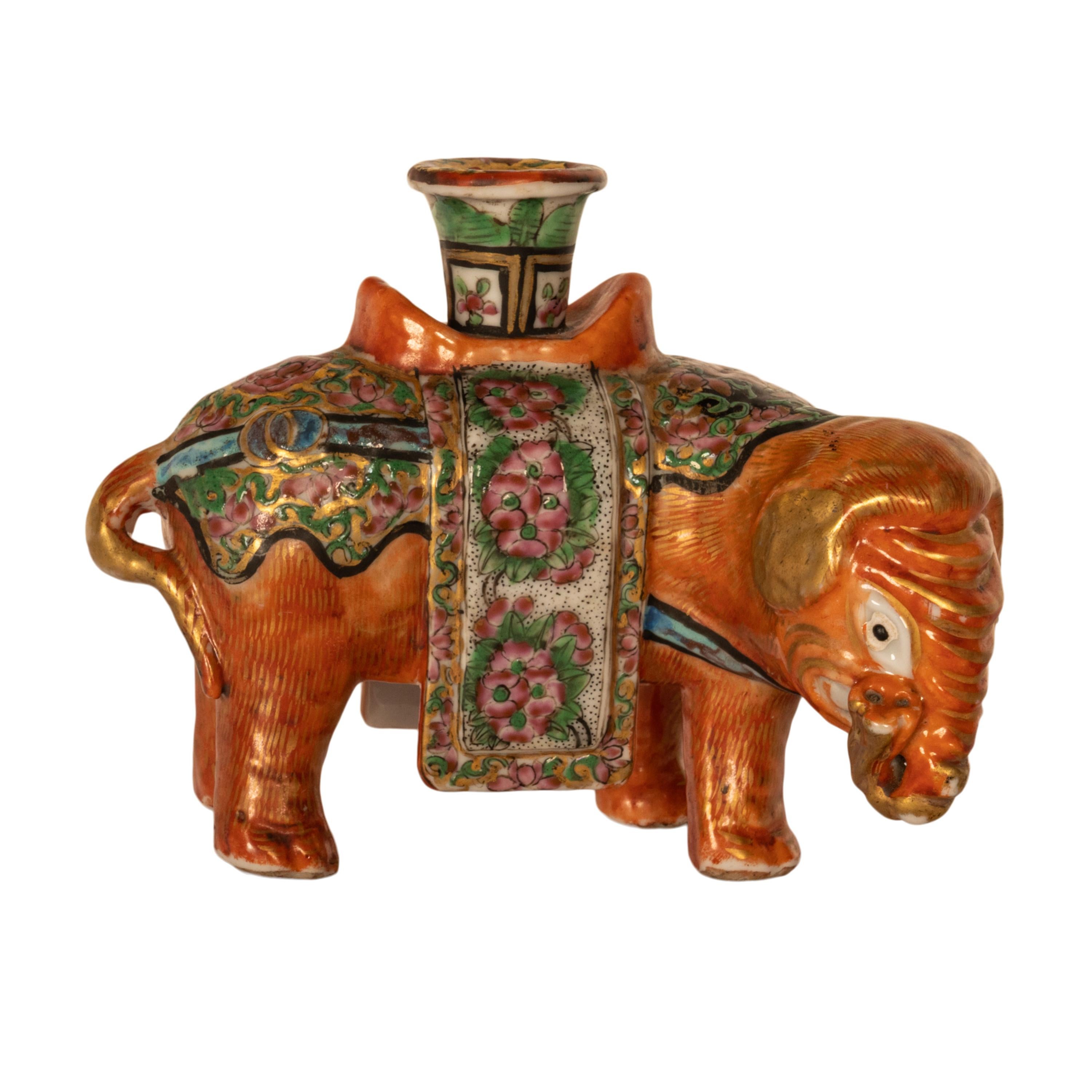 Antique Chinese Export Porcelain Canton Famille Rose Elephant Candlestick 1860 For Sale 2