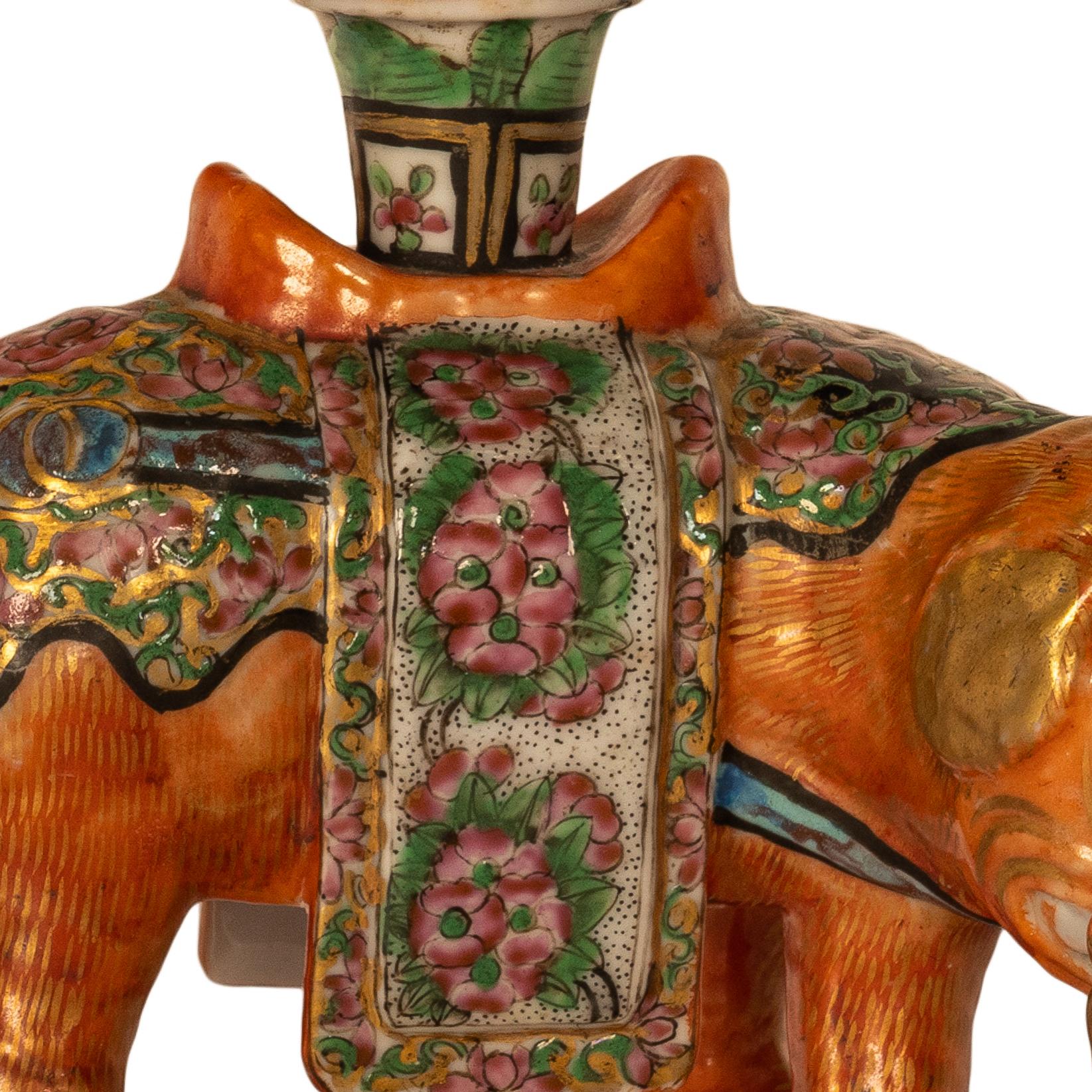 Antique Chinese Export Porcelain Canton Famille Rose Elephant Candlestick 1860 For Sale 3