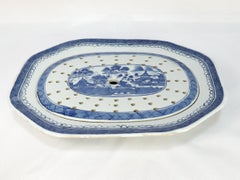 Antique Chinese Export Porcelain Canton Serving Platter & Mazarine Strainer