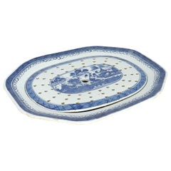 Antique Chinese Export Porcelain Canton Serving Platter & Mazarine Strainer