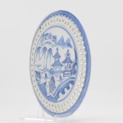 Antique Chinese Export Porcelain Cantonese Blue White Ajour Plate Landscape
