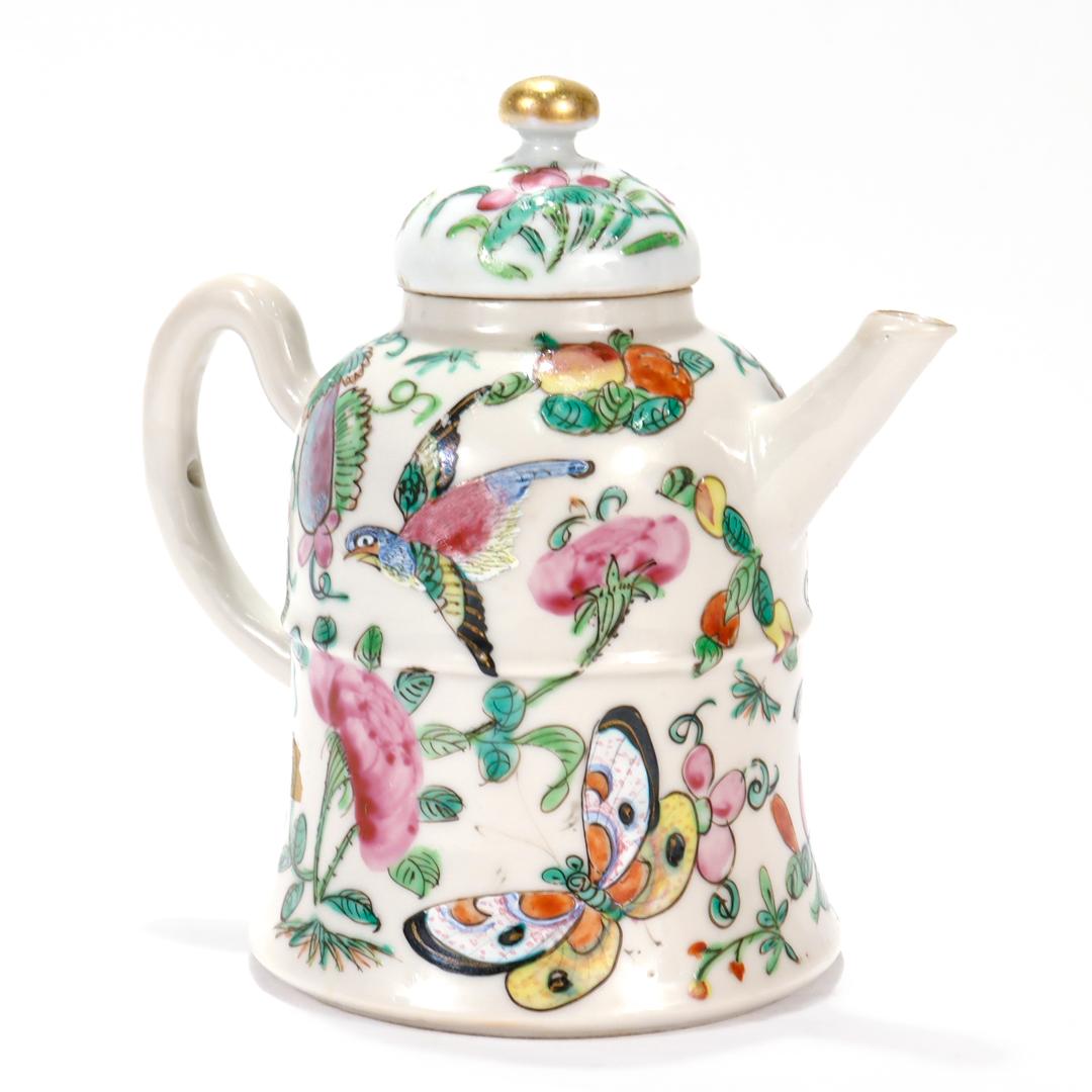 Antique Chinese Export Porcelain Famille Rose Birds/Butterflies Miniature Teapot In Good Condition In Philadelphia, PA