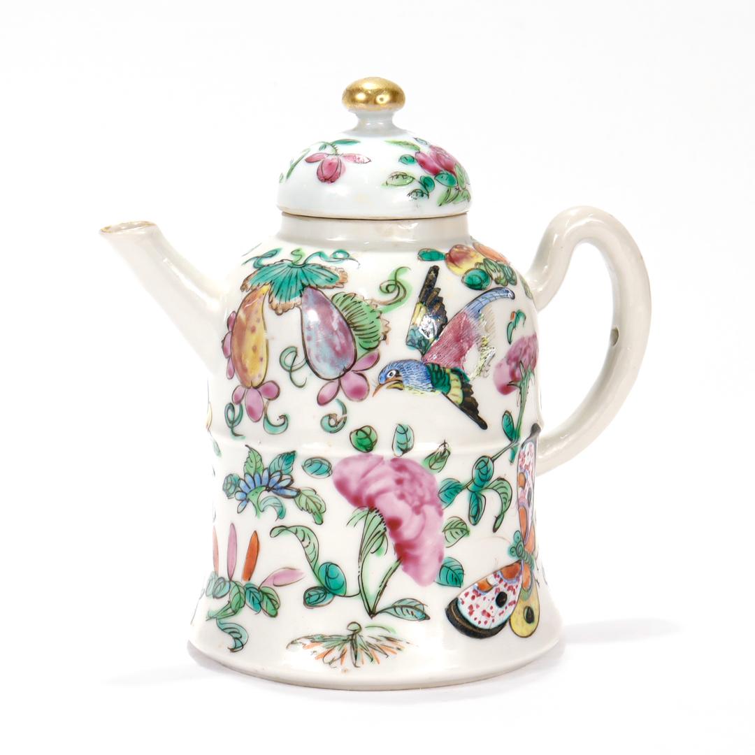 Antique Chinese Export Porcelain Famille Rose Birds/Butterflies Miniature Teapot 2