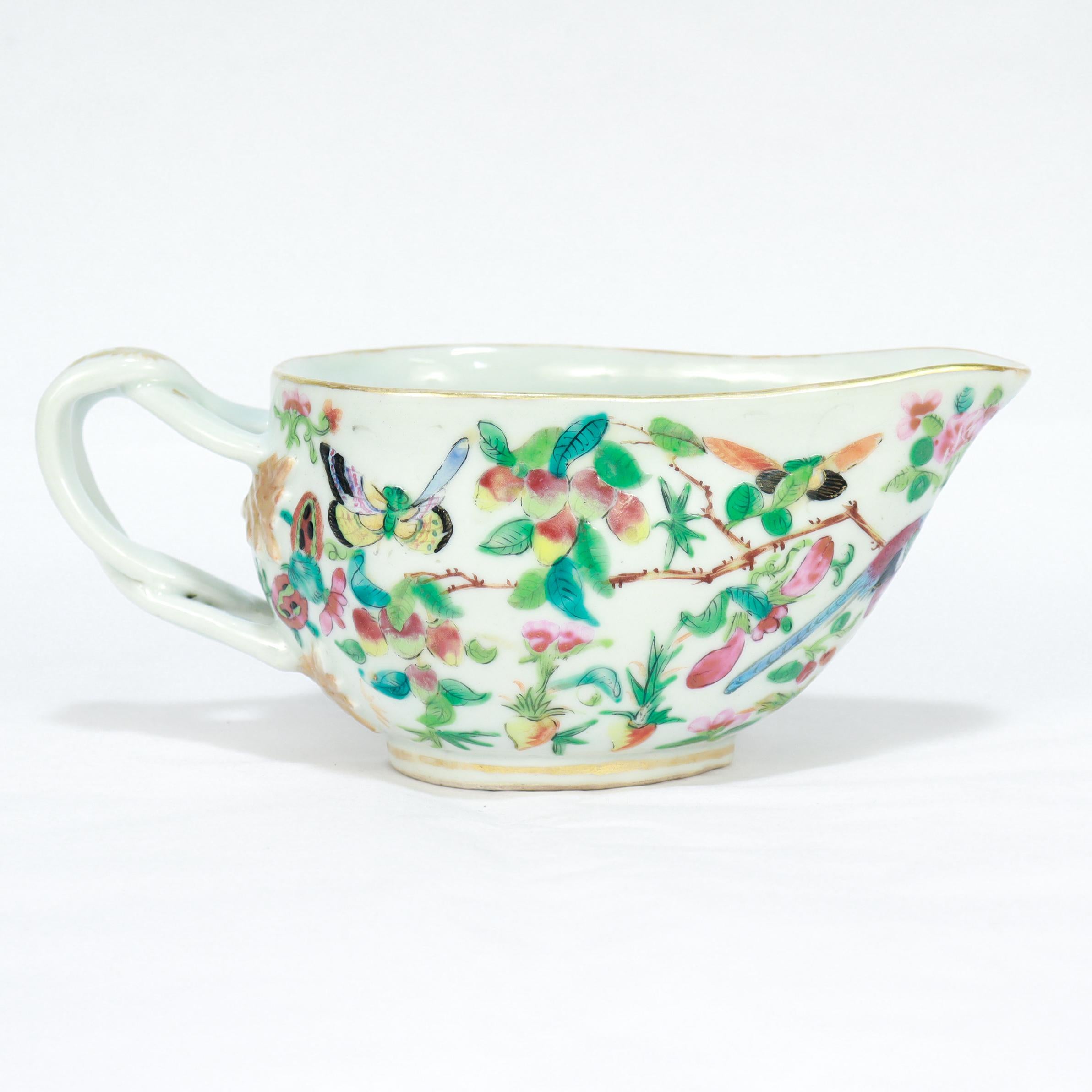Antique Chinese Export Porcelain Gilt Famille Rose Gravy or Sauce Boat For Sale 1