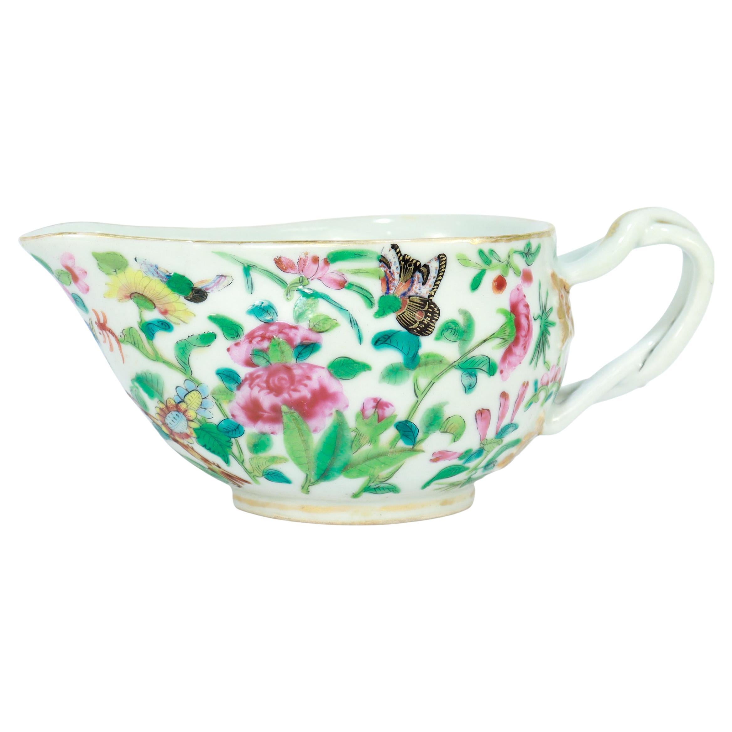 Antique Chinese Export Porcelain Gilt Famille Rose Gravy or Sauce Boat For Sale