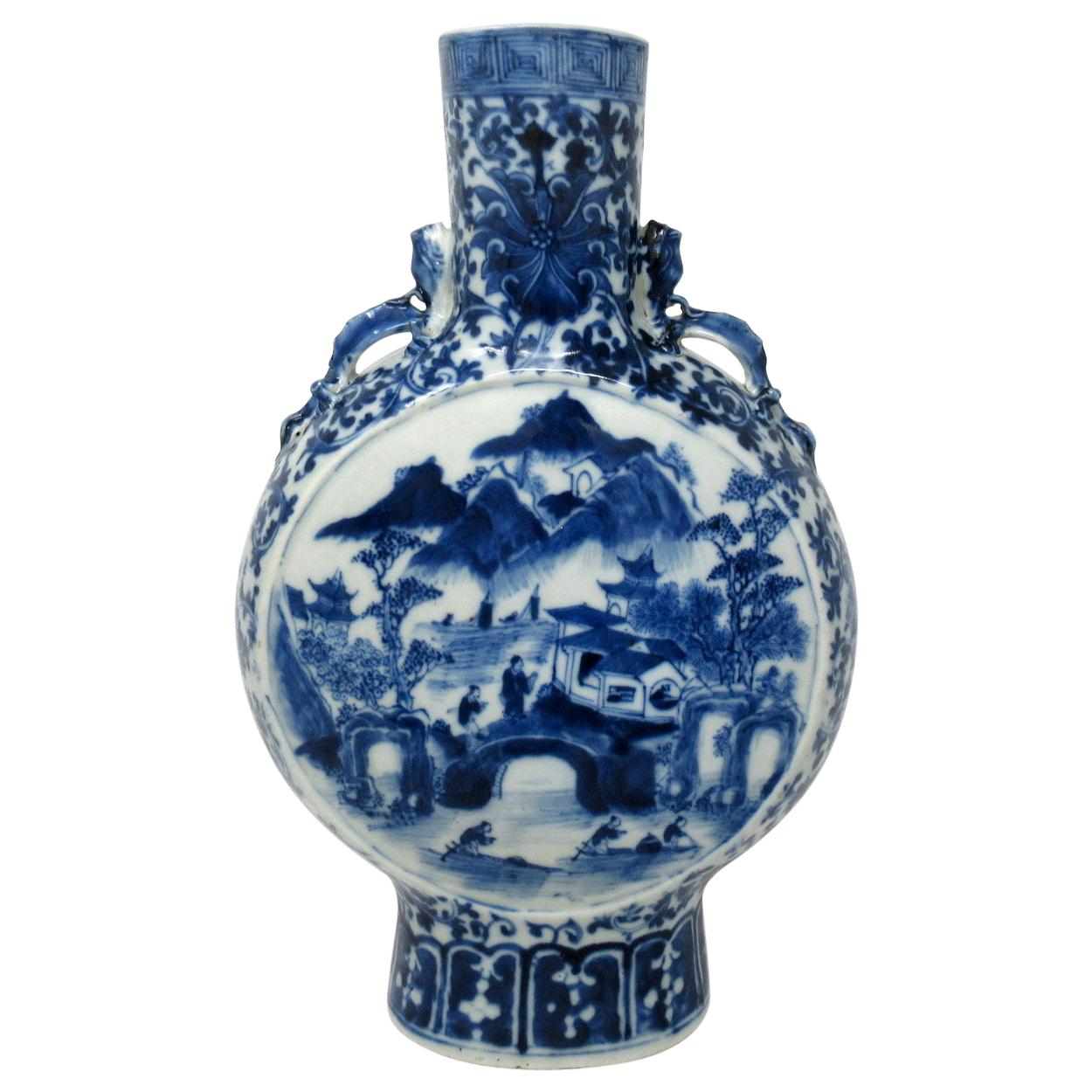 Antique Chinese Export Porcelain Hand Painted Blue White Moon Flask 19th Century