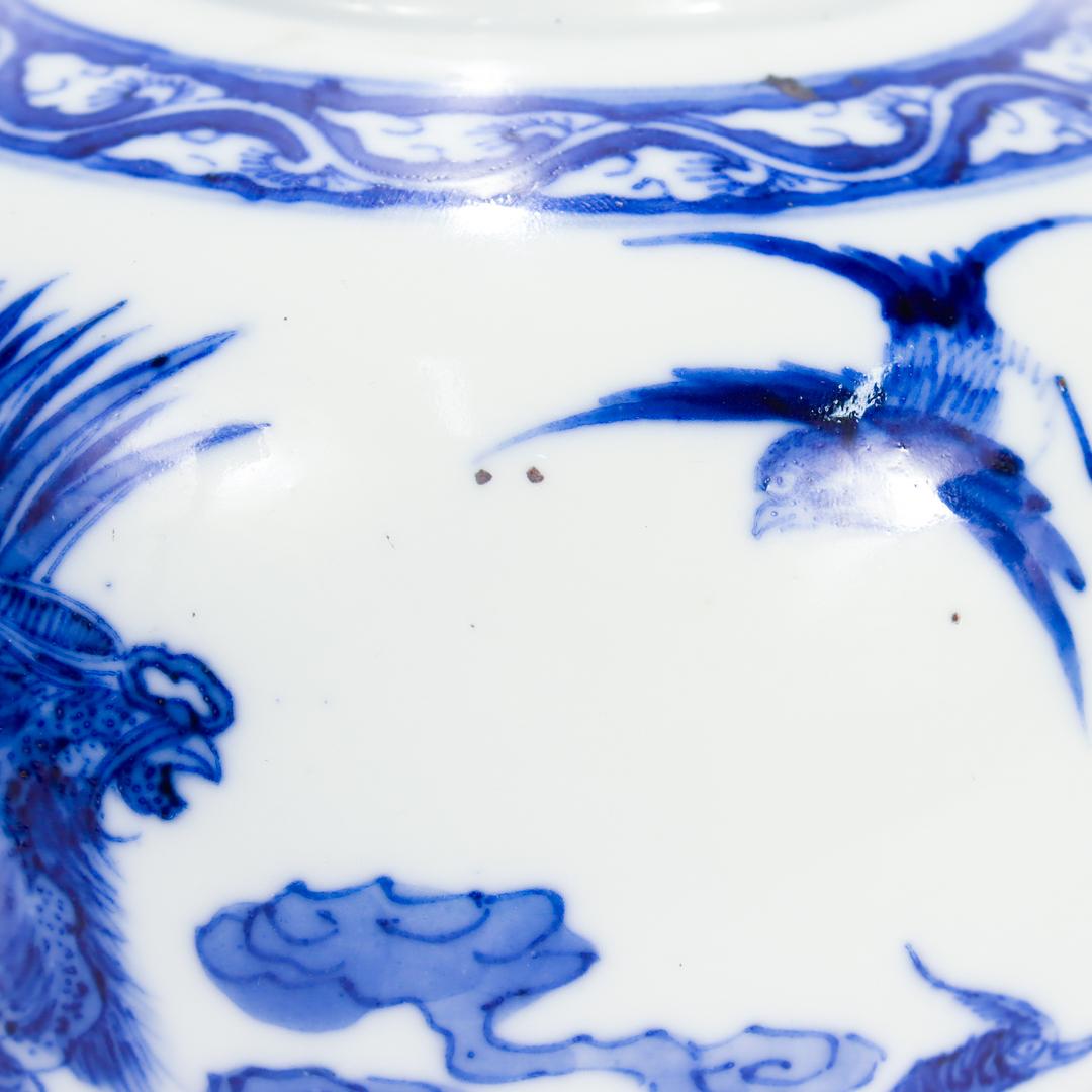 Antique Chinese Export Porcelain Kangxi Blue Ginger Jar with Phoenix & Birds For Sale 13