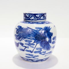 Antique Chinese Export Porcelain Kangxi Blue Ginger Jar with Phoenix & Birds
