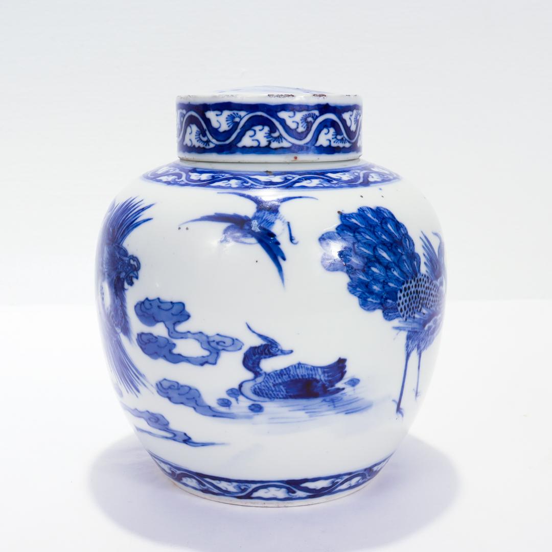 Antique Chinese Export Porcelain Kangxi Blue Ginger Jar with Phoenix & Birds In Good Condition For Sale In Philadelphia, PA