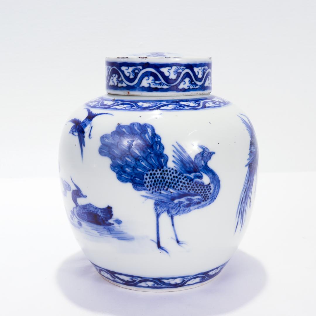 19th Century Antique Chinese Export Porcelain Kangxi Blue Ginger Jar with Phoenix & Birds For Sale