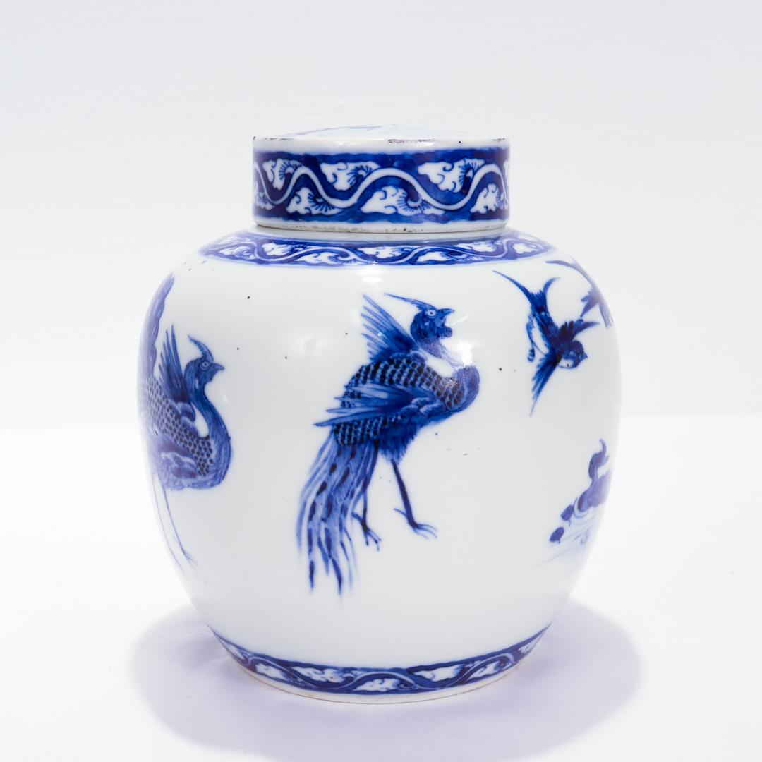 Antique Chinese Export Porcelain Kangxi Blue Ginger Jar with Phoenix & Birds For Sale 1