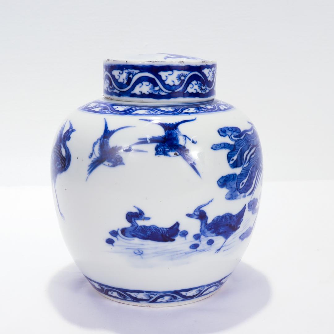 Antique Chinese Export Porcelain Kangxi Blue Ginger Jar with Phoenix & Birds For Sale 2
