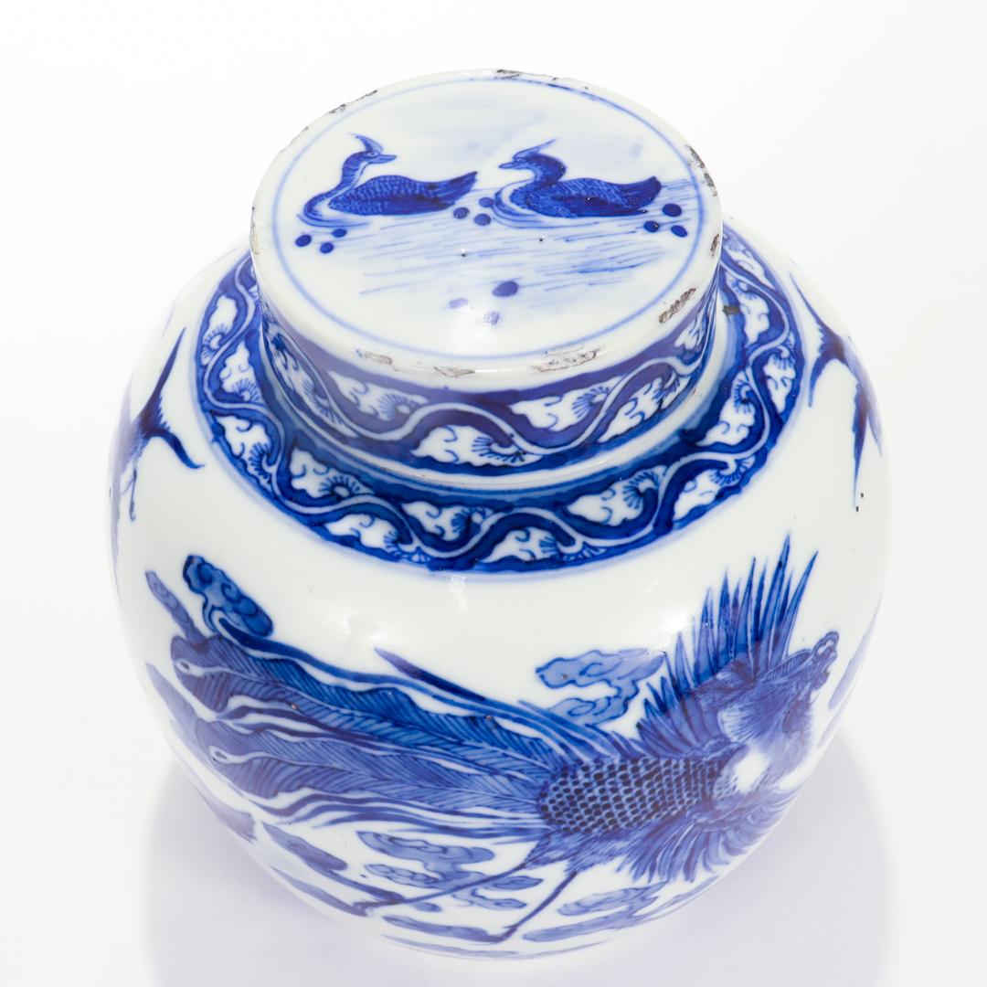 Antique Chinese Export Porcelain Kangxi Blue Ginger Jar with Phoenix & Birds For Sale 3