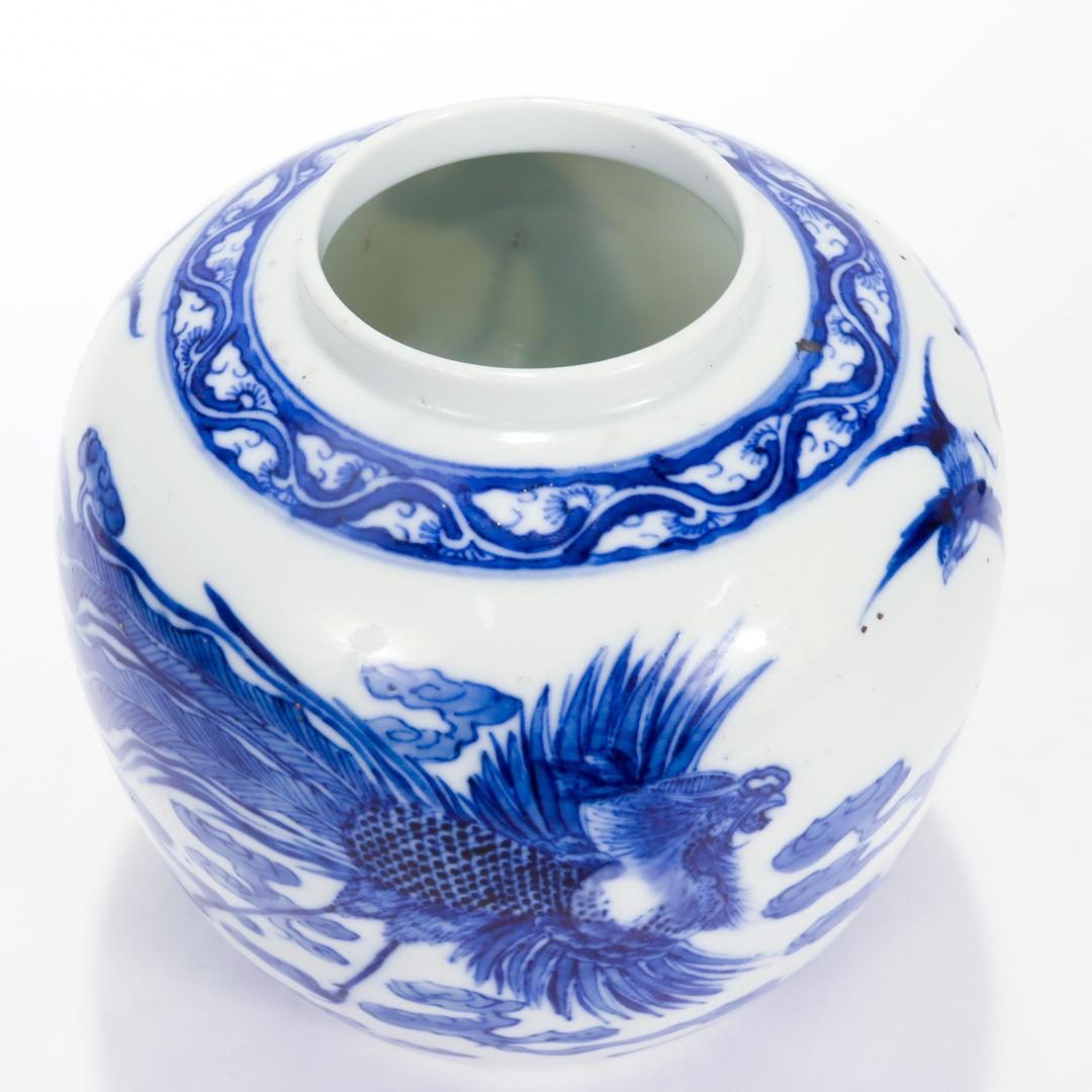 Antique Chinese Export Porcelain Kangxi Blue Ginger Jar with Phoenix & Birds For Sale 4