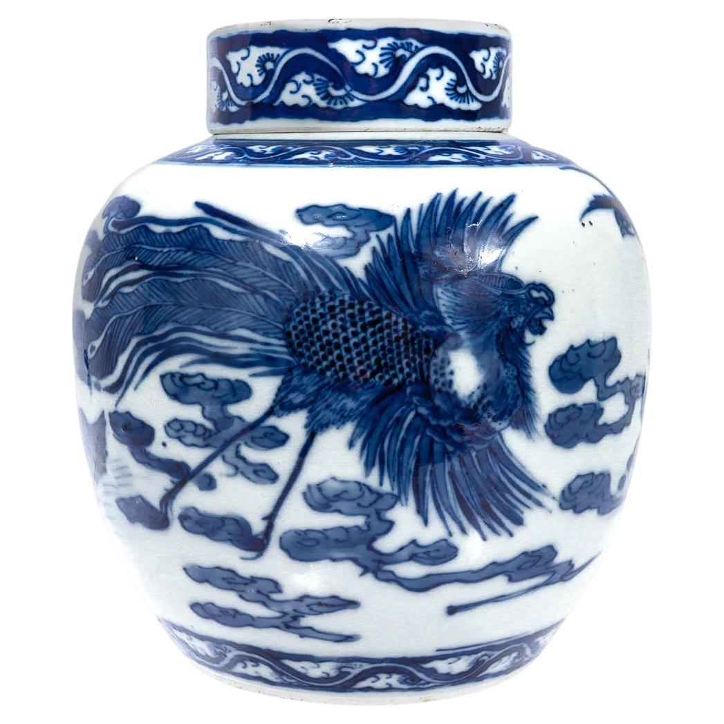 Antique Chinese Export Porcelain Kangxi Blue Ginger Jar with Phoenix & Birds For Sale