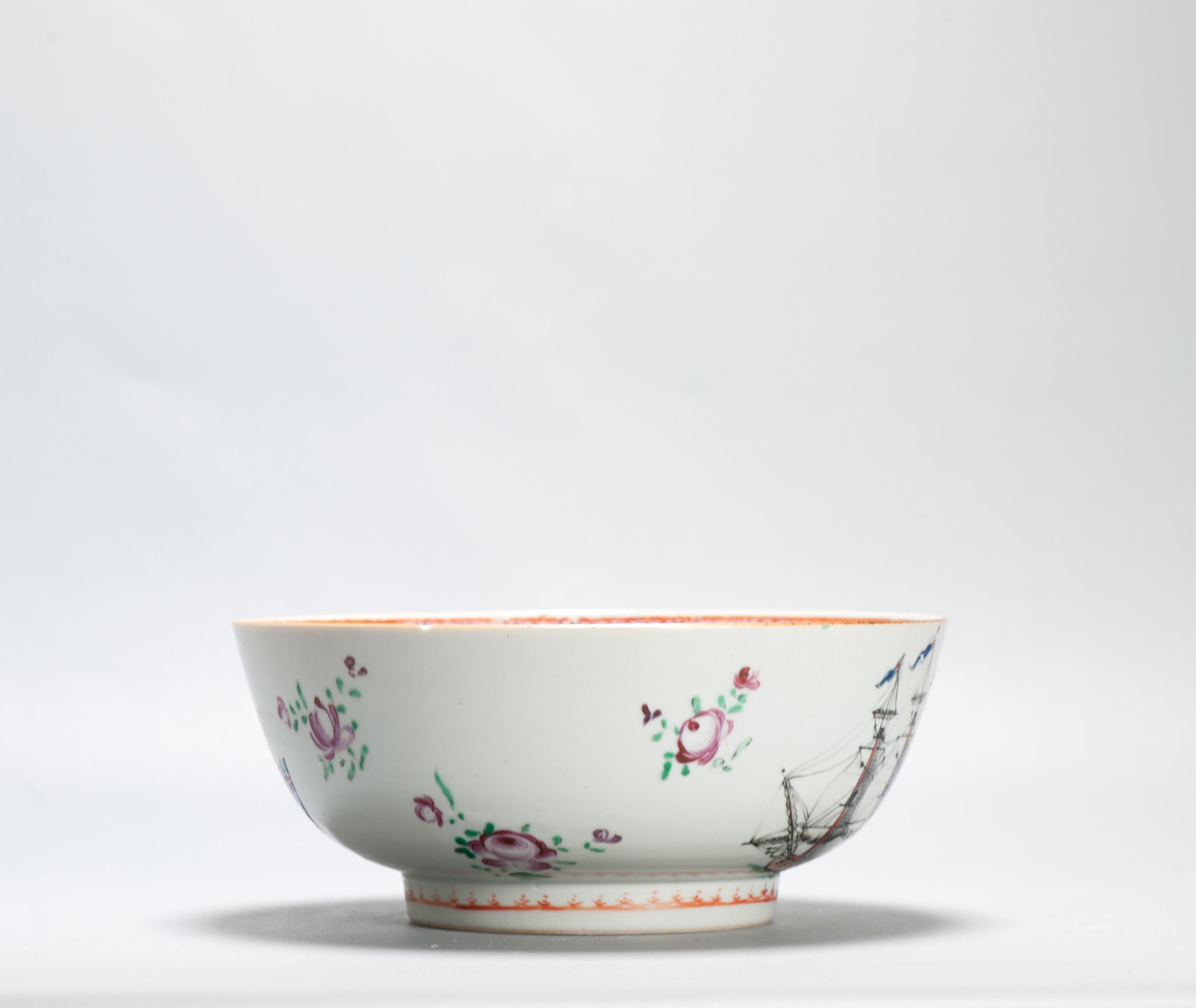 Antique Chinese Export Porcelain Large Punch Bowl Marine Subject SHIPS For Sale 5