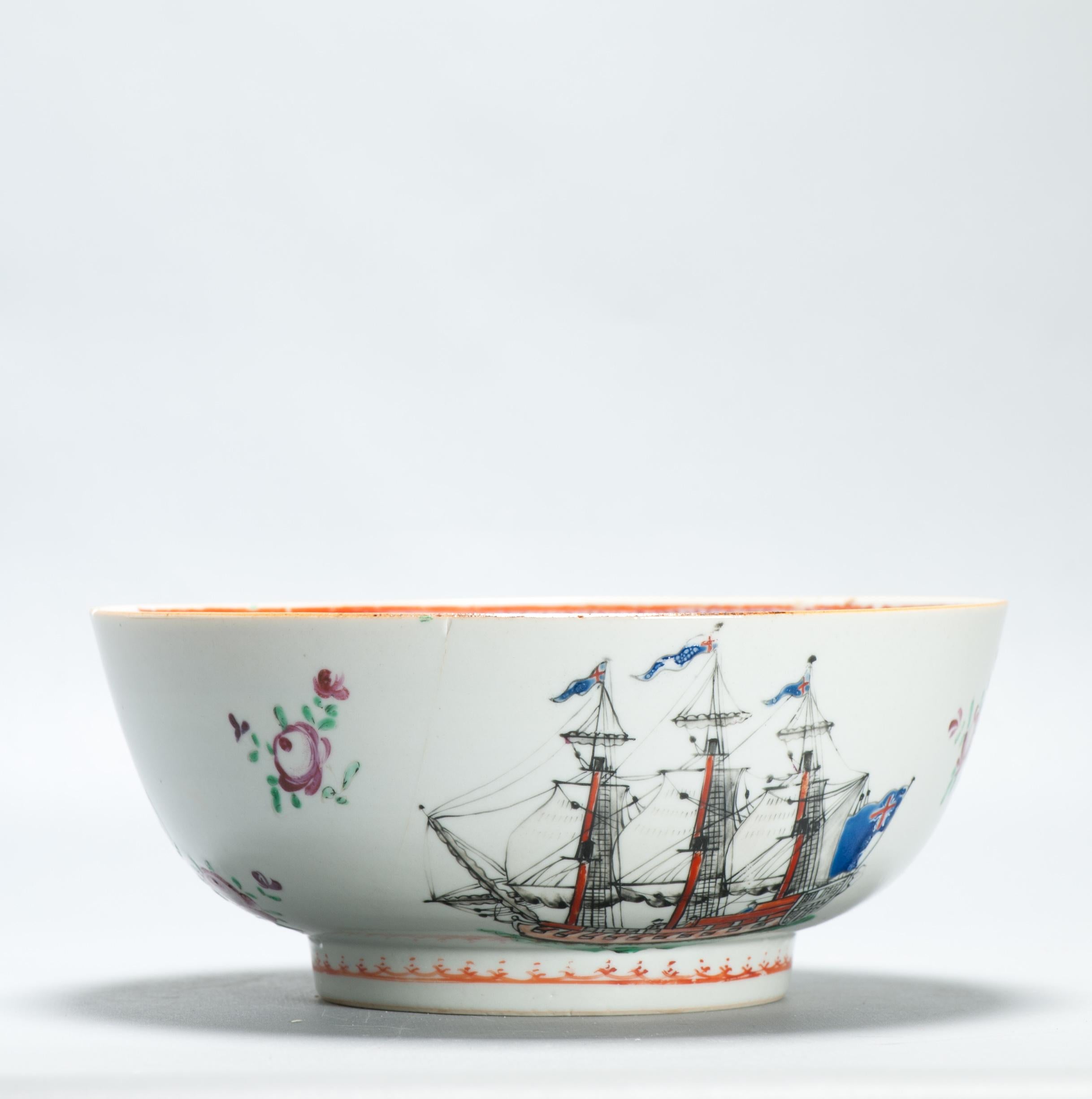 Antique Chinese Export Porcelain Large Punch Bowl Marine Subject SHIPS For Sale 6
