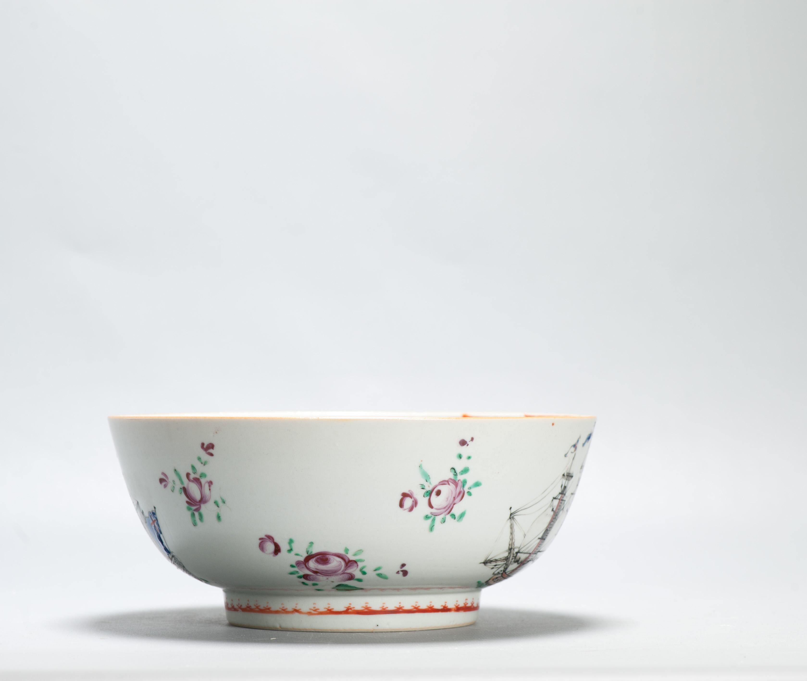 Antique Chinese Export Porcelain Large Punch Bowl Marine Subject SHIPS For Sale 7