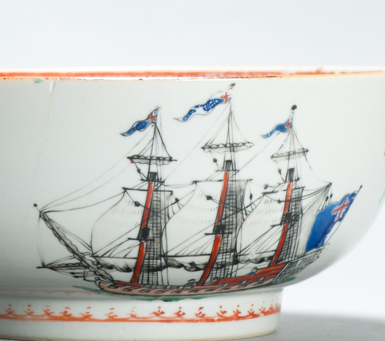 Antique Chinese Export Porcelain Large Punch Bowl Marine Subject SHIPS For Sale 9