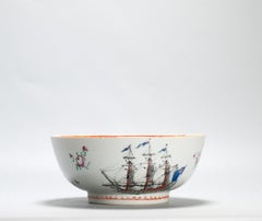 Antique Chinese Export Porcelain Large Punch Bowl Marine Subject SHIPS