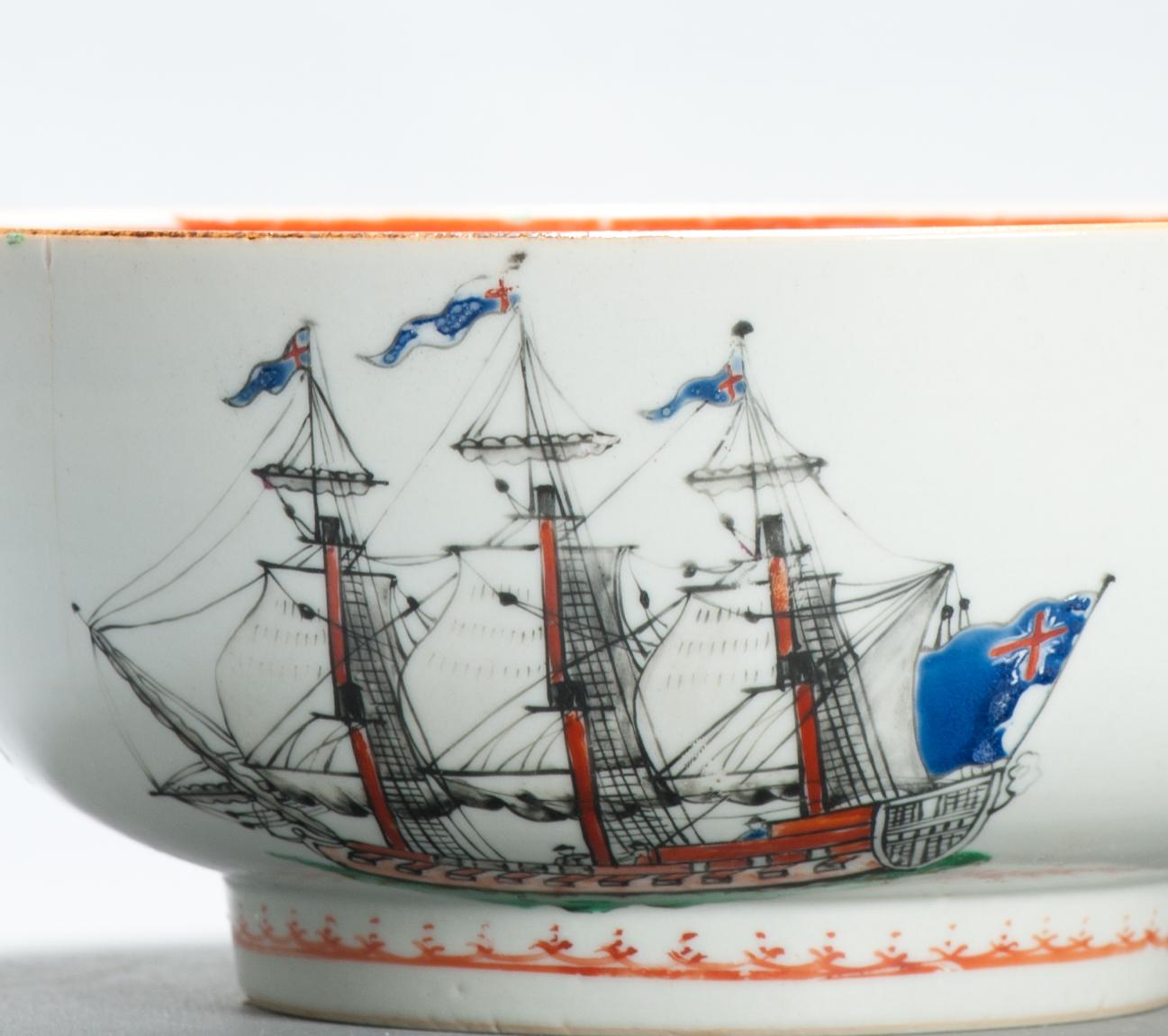 Antique Chinese Export Porcelain Large Punch Bowl Marine Subject SHIPS For Sale 1