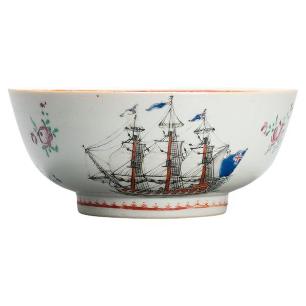 Antique Chinese Export Porcelain Large Punch Bowl Marine Subject SHIPS