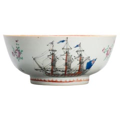 Antique Chinese Export Porcelain Large Punch Bowl Marine Subject SHIPS