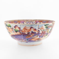 Antique Chinese Export Porcelain Rose Mandarin China Trade / Village Scene Bowl