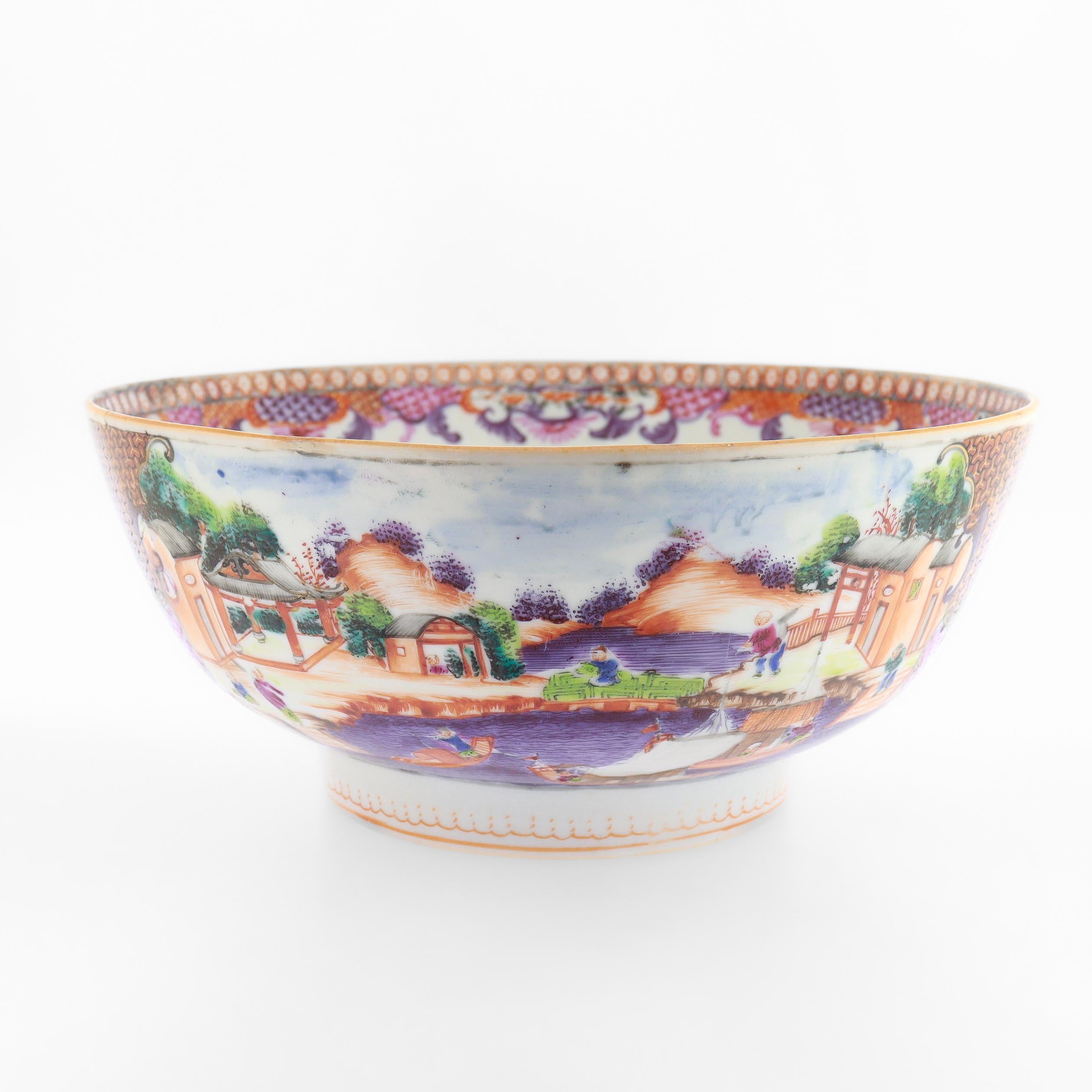 19th Century Antique Chinese Export Porcelain Rose Mandarin China Trade / Village Scene Bowl For Sale