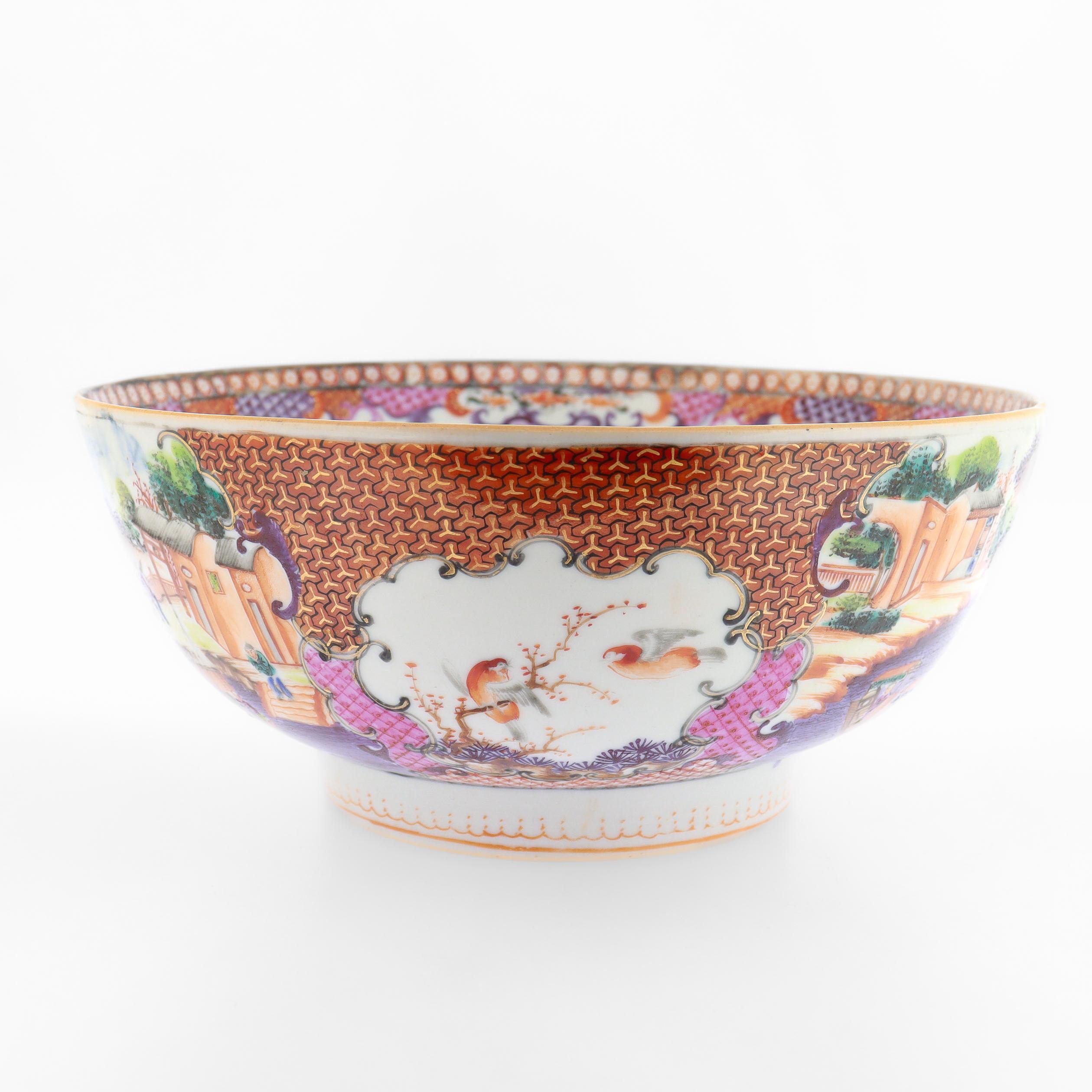 Antique Chinese Export Porcelain Rose Mandarin China Trade / Village Scene Bowl For Sale 1