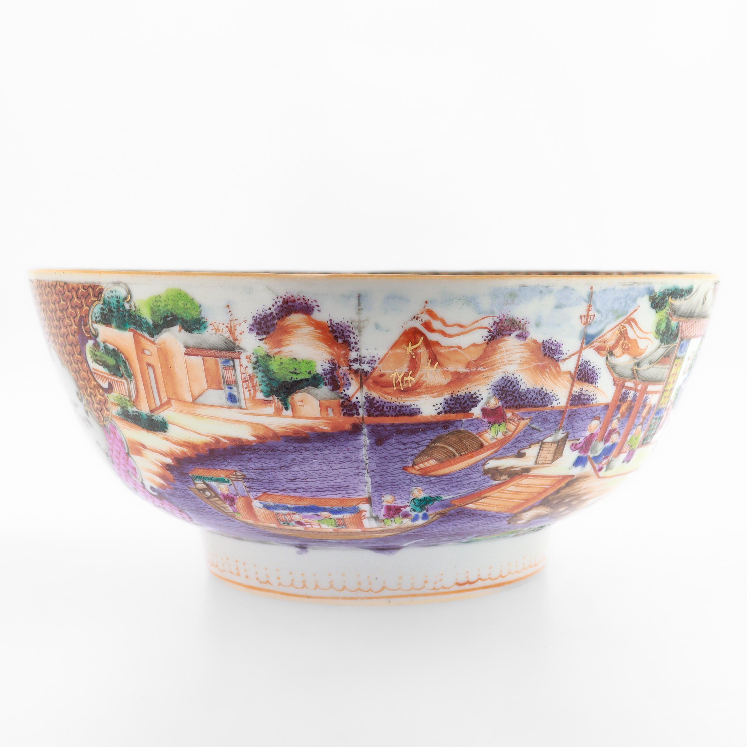 Antique Chinese Export Porcelain Rose Mandarin China Trade / Village Scene Bowl For Sale 2