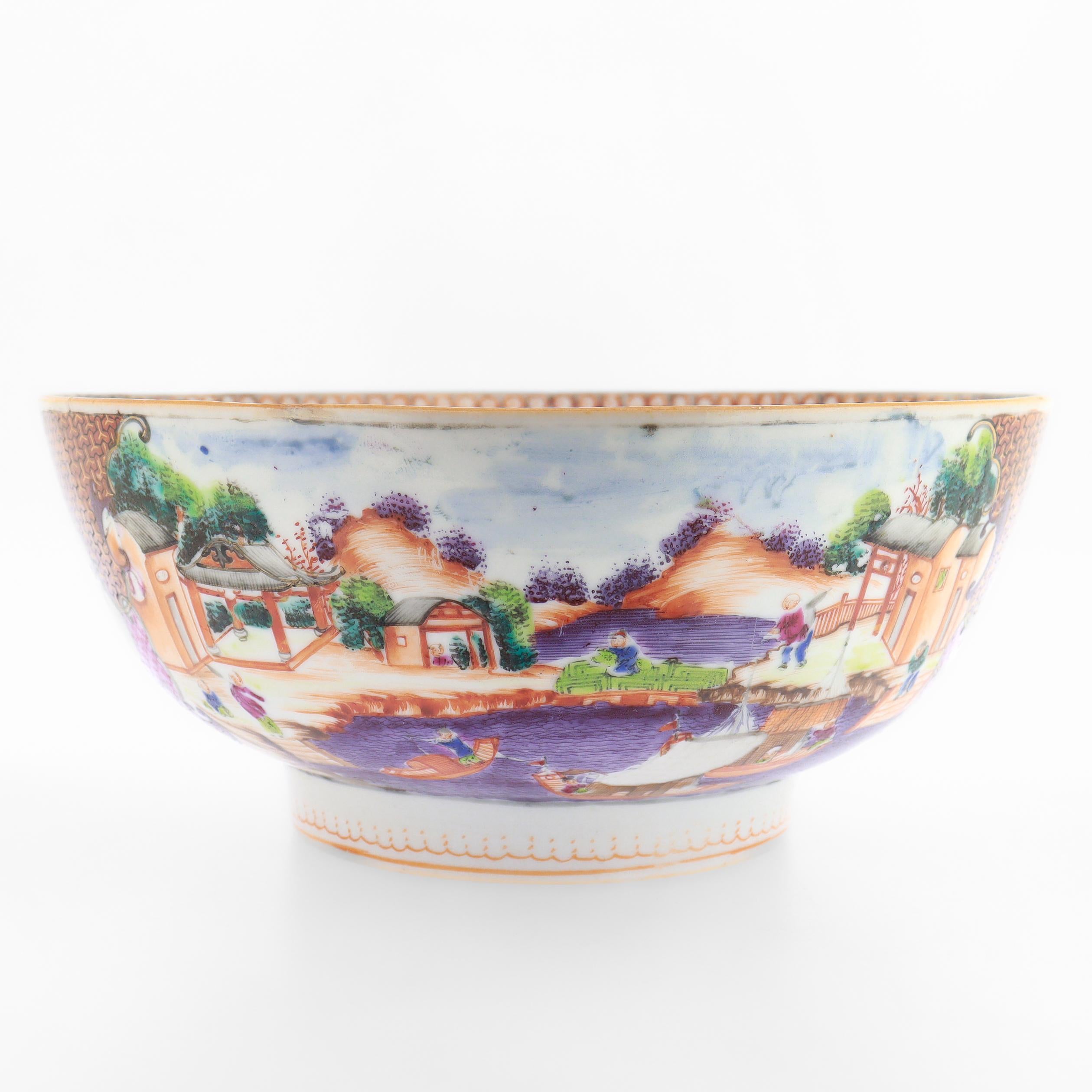 Antique Chinese Export Porcelain Rose Mandarin China Trade / Village Scene Bowl For Sale 4