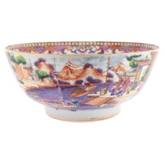 Antique Chinese Export Porcelain Rose Mandarin China Trade / Village Scene Bowl