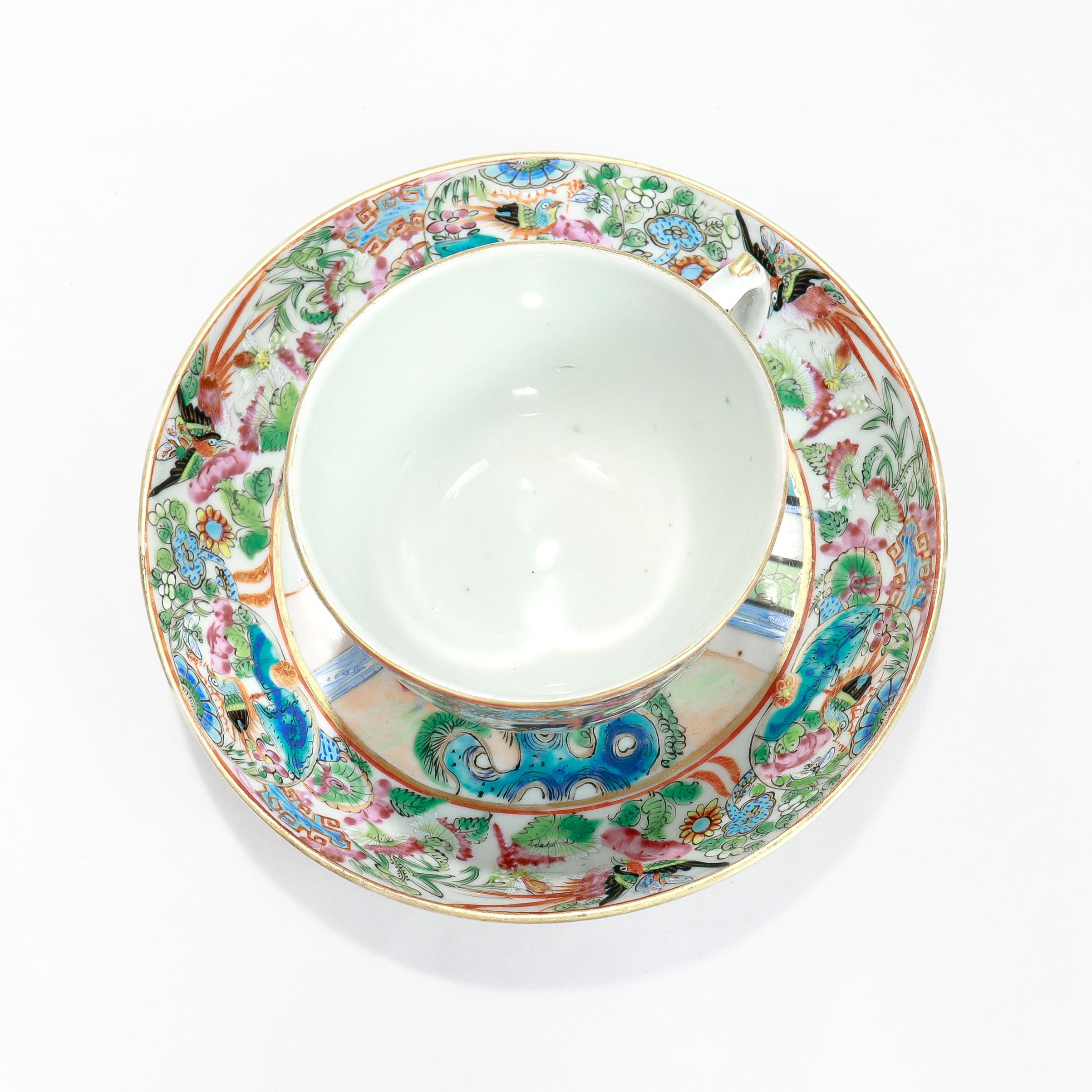 Porcellana Antica tazza da tè e piattino in porcellana cinese d'esportazione Rose Mandarin in vendita