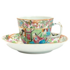 Antique Chinese Export Porcelain Rose Mandarin Tea Cup & Saucer