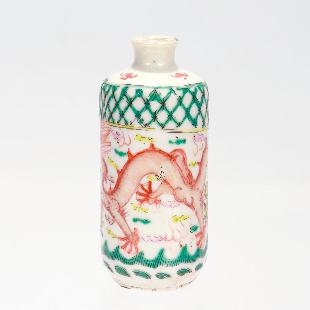 20th Century Antique Chinese Export Porcelain Snuff Bottle or Cabinet Vase with Dragons For Sale