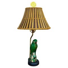 Antique Chinese Export  Pottery Parrot Roof Tile Table Lamp W / Bamboo Shade