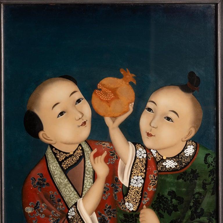 Antike chinesische Export Qing Dynasty Rückwärtsmalerei auf Glas von Kindern 1860 (Chinesischer Export) im Angebot